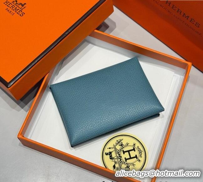 Famous Brand Hermes Calvi Duo Compact Card Holder Wallet in Epsom Leather H2084 Denim Blue 2025