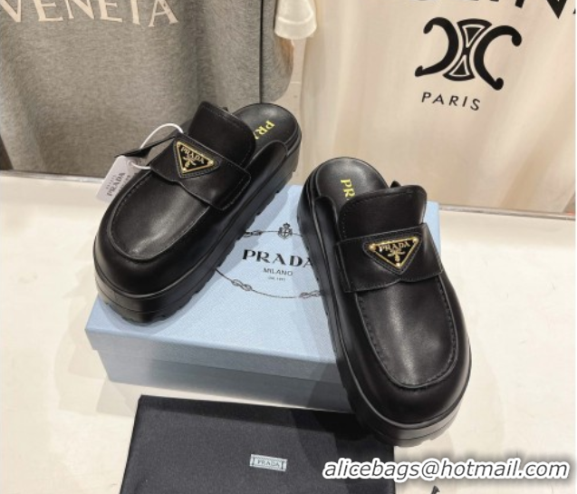 Stylish Prada Leather Platform Mules Black 2025 1XZ778
