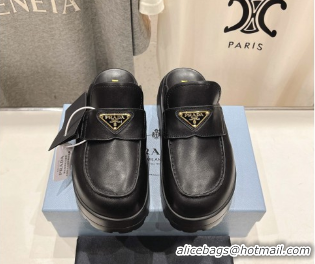 Stylish Prada Leather Platform Mules Black 2025 1XZ778