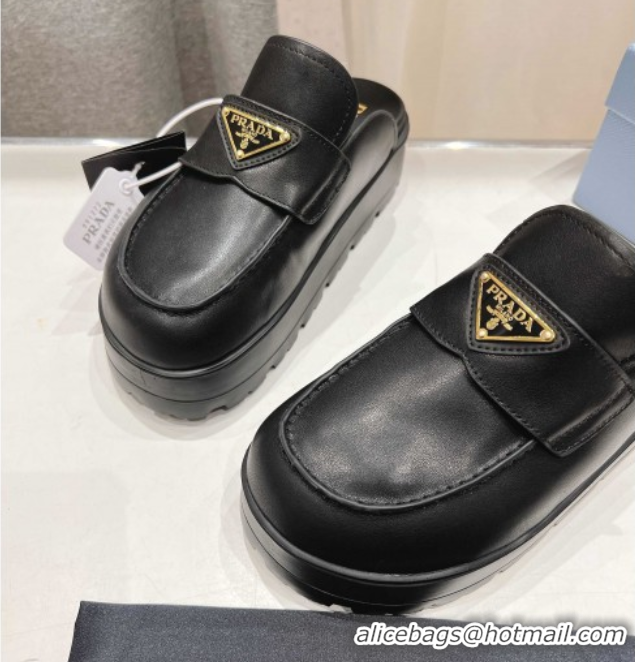 Stylish Prada Leather Platform Mules Black 2025 1XZ778