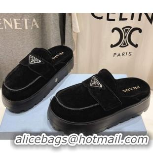 Stylish Prada Suede Platform Mules Black 2025 1XZ778