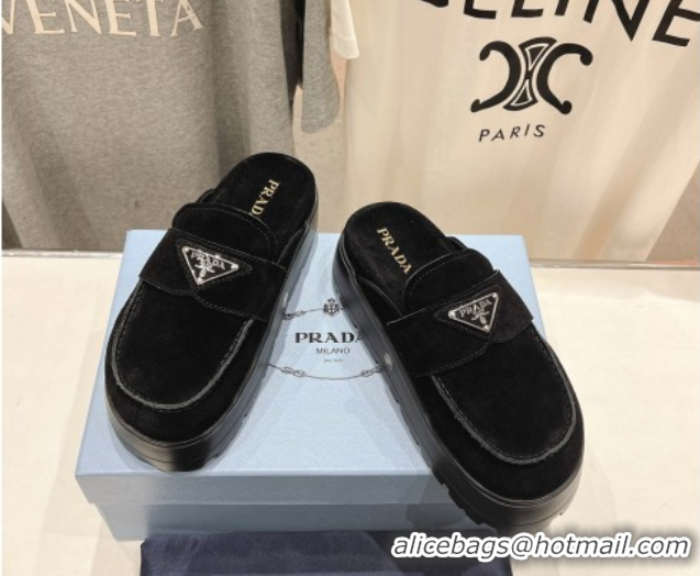 Stylish Prada Suede Platform Mules Black 2025 1XZ778