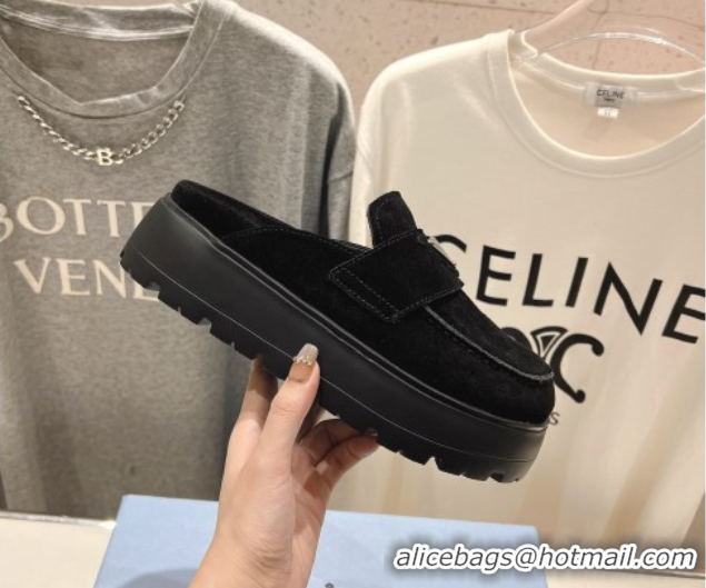 Stylish Prada Suede Platform Mules Black 2025 1XZ778