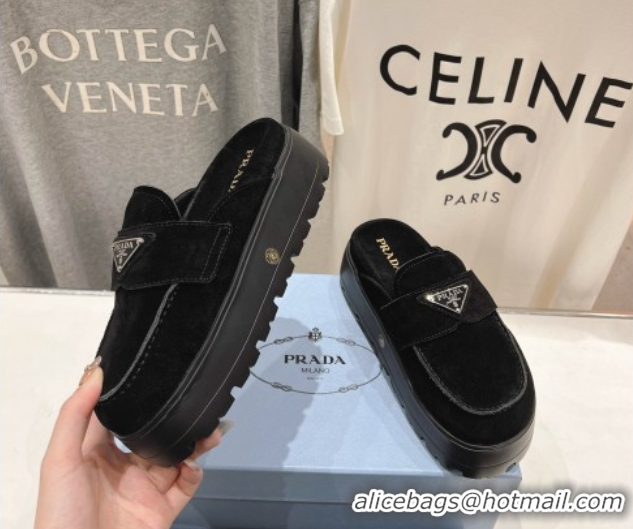 Stylish Prada Suede Platform Mules Black 2025 1XZ778