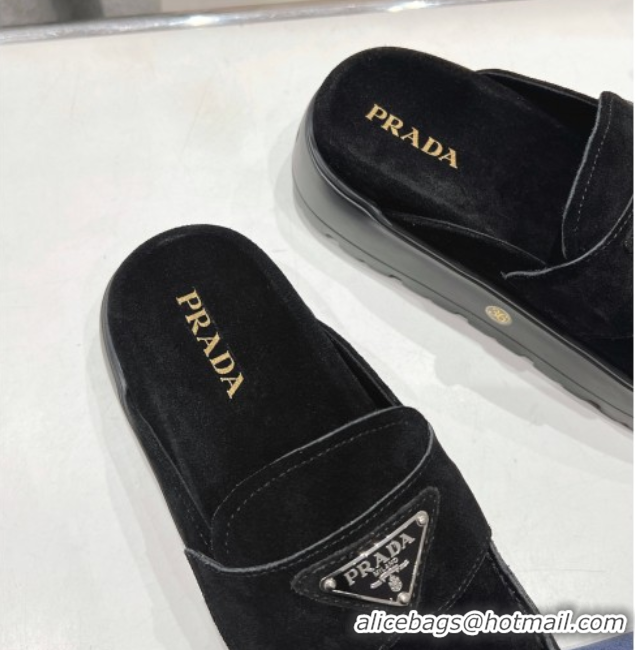 Stylish Prada Suede Platform Mules Black 2025 1XZ778