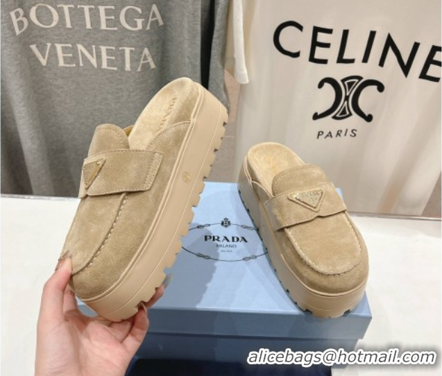 Best Grade Prada Suede Platform Mules Ecru Beige 2025 1XZ778