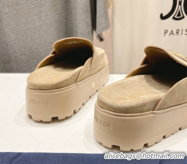 Best Grade Prada Suede Platform Mules Ecru Beige 2025 1XZ778