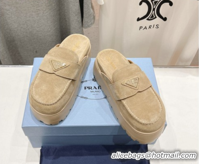 Best Grade Prada Suede Platform Mules Ecru Beige 2025 1XZ778