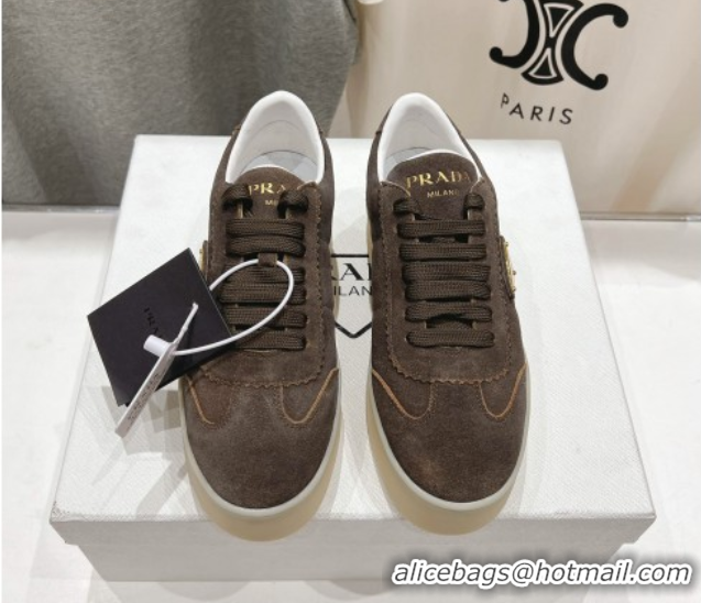 Charming Prada Downtown Bold Suede Sneakers Dark Brown 2025 1E928N