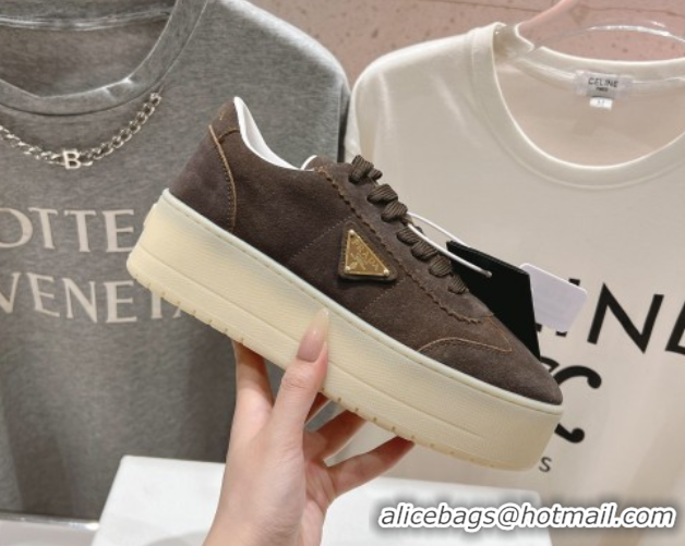 Charming Prada Downtown Bold Suede Sneakers Dark Brown 2025 1E928N