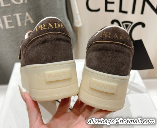 Charming Prada Downtown Bold Suede Sneakers Dark Brown 2025 1E928N