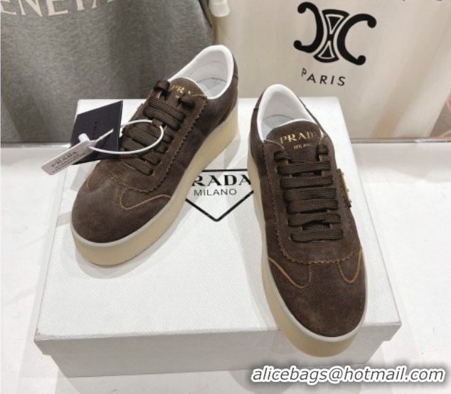 Charming Prada Downtown Bold Suede Sneakers Dark Brown 2025 1E928N