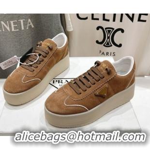 Popular Style Prada Downtown Bold Suede Sneakers Tan Brown 2025 1E928N