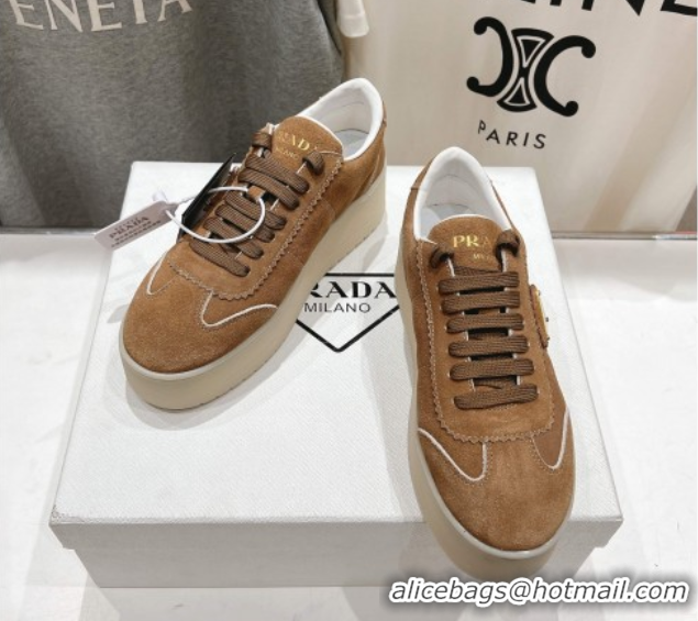 Popular Style Prada Downtown Bold Suede Sneakers Tan Brown 2025 1E928N