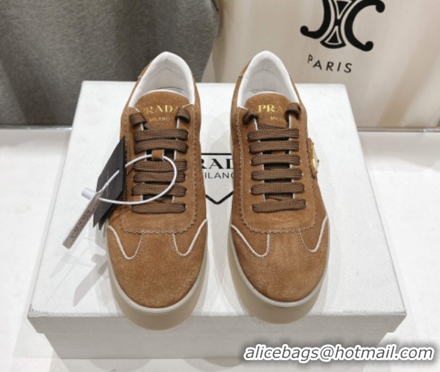 Popular Style Prada Downtown Bold Suede Sneakers Tan Brown 2025 1E928N