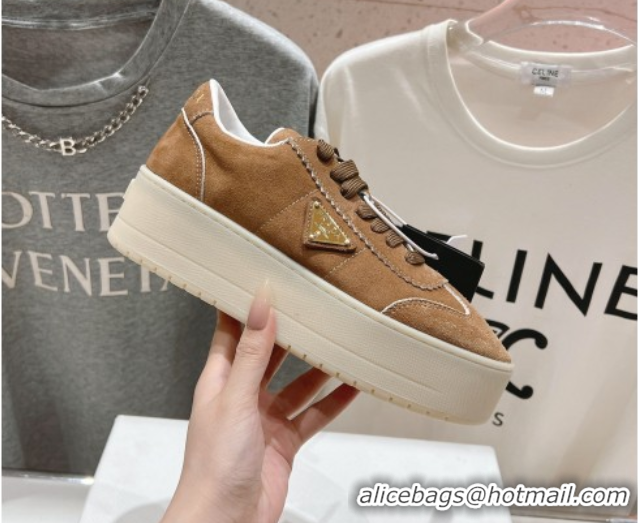 Popular Style Prada Downtown Bold Suede Sneakers Tan Brown 2025 1E928N