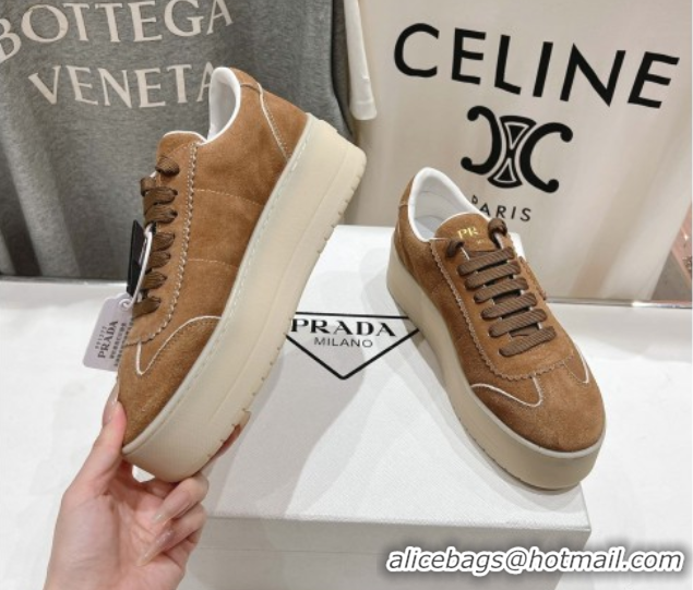Popular Style Prada Downtown Bold Suede Sneakers Tan Brown 2025 1E928N