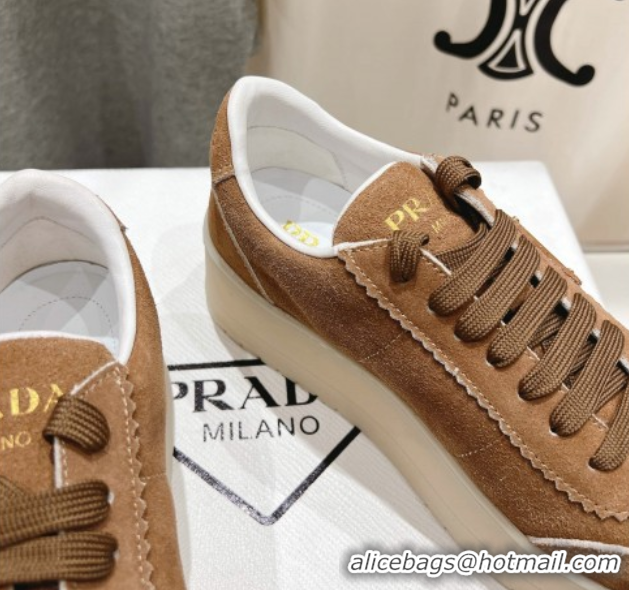 Popular Style Prada Downtown Bold Suede Sneakers Tan Brown 2025 1E928N