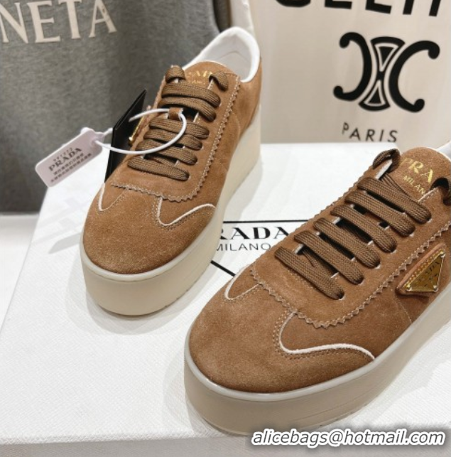 Popular Style Prada Downtown Bold Suede Sneakers Tan Brown 2025 1E928N