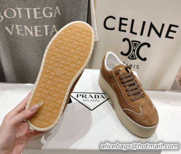 Popular Style Prada Downtown Bold Suede Sneakers Tan Brown 2025 1E928N