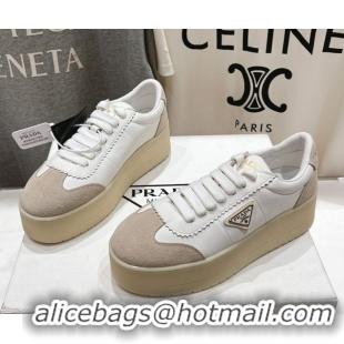Luxury Cheap Prada Downtown Bold Nappa Leather and Suede Sneakers White 2025 1E928N
