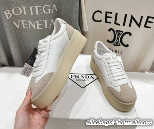Luxury Cheap Prada Downtown Bold Nappa Leather and Suede Sneakers White 2025 1E928N