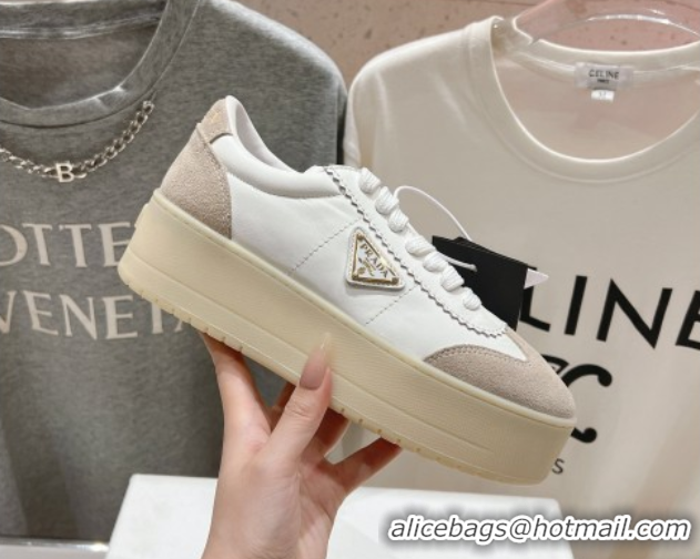Luxury Cheap Prada Downtown Bold Nappa Leather and Suede Sneakers White 2025 1E928N