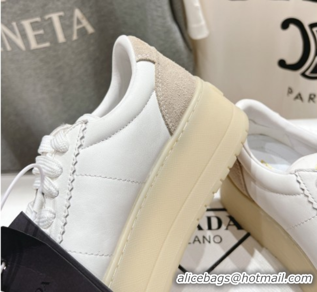 Luxury Cheap Prada Downtown Bold Nappa Leather and Suede Sneakers White 2025 1E928N