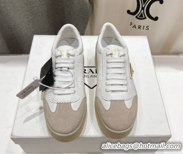 Luxury Cheap Prada Downtown Bold Nappa Leather and Suede Sneakers White 2025 1E928N