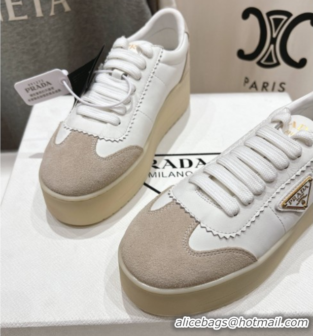 Luxury Cheap Prada Downtown Bold Nappa Leather and Suede Sneakers White 2025 1E928N