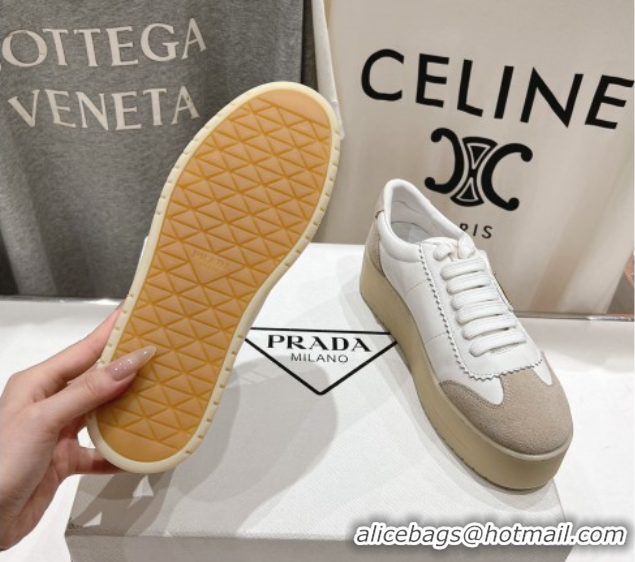 Luxury Cheap Prada Downtown Bold Nappa Leather and Suede Sneakers White 2025 1E928N