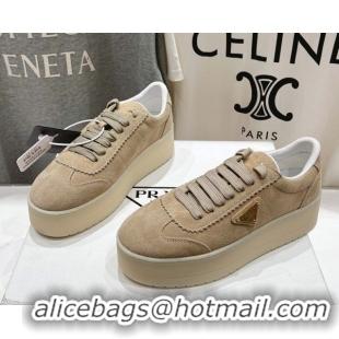 Top Design Prada Downtown Bold Suede Sneakers Beige 2025 1E928N