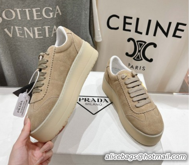 Top Design Prada Downtown Bold Suede Sneakers Beige 2025 1E928N