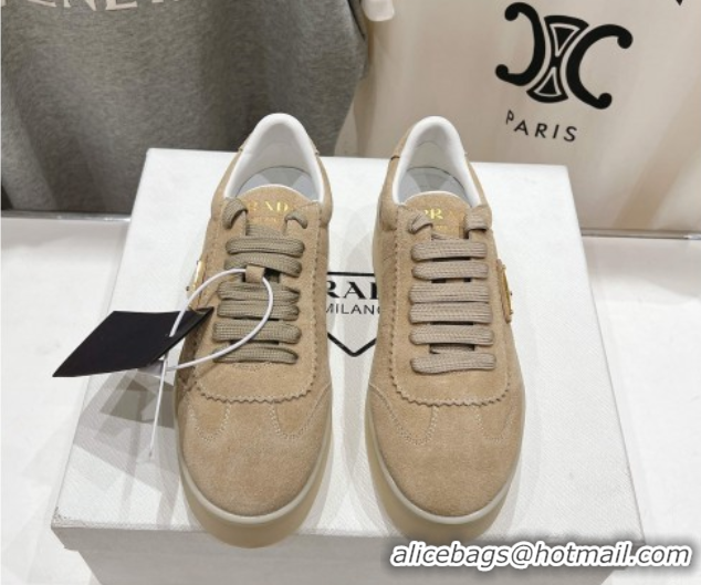 Top Design Prada Downtown Bold Suede Sneakers Beige 2025 1E928N