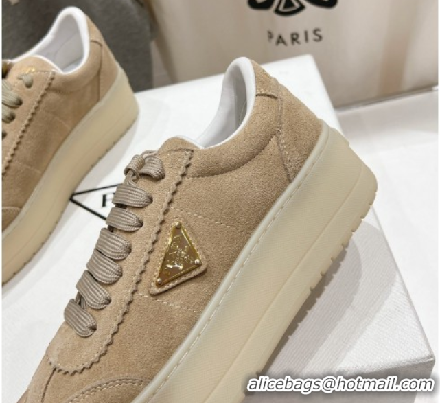 Top Design Prada Downtown Bold Suede Sneakers Beige 2025 1E928N