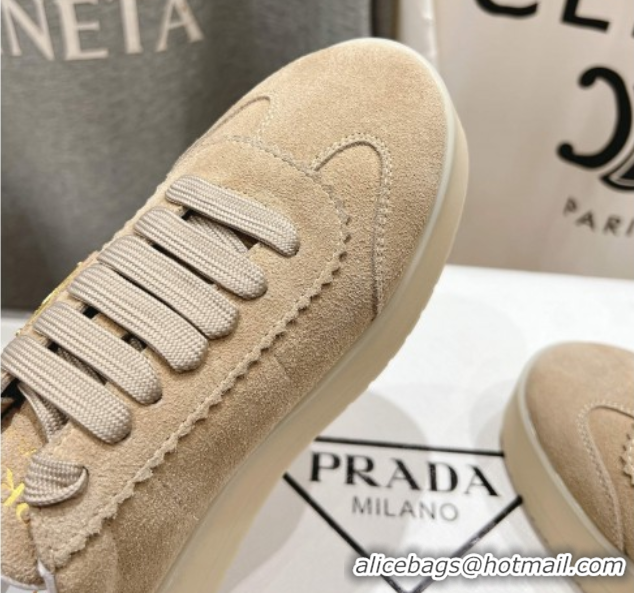 Top Design Prada Downtown Bold Suede Sneakers Beige 2025 1E928N