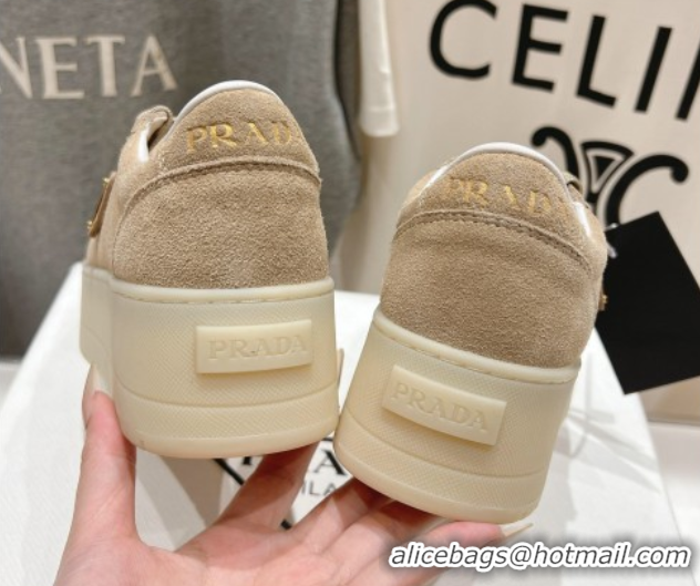 Top Design Prada Downtown Bold Suede Sneakers Beige 2025 1E928N