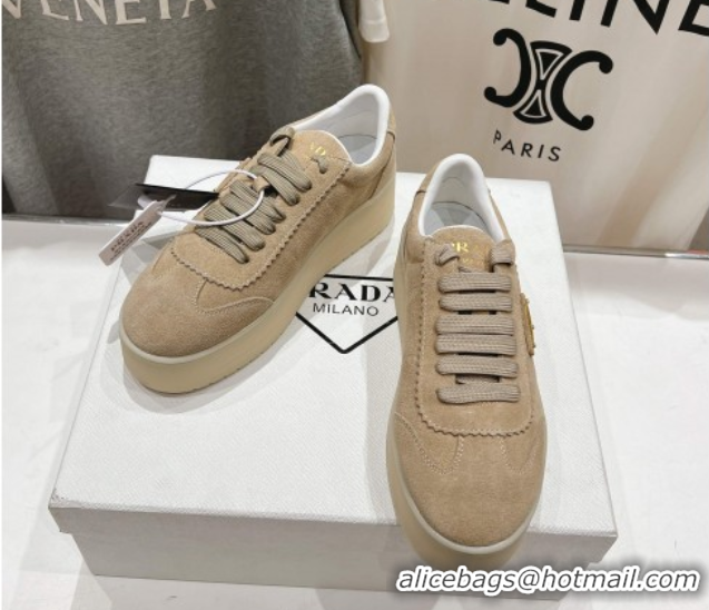 Top Design Prada Downtown Bold Suede Sneakers Beige 2025 1E928N