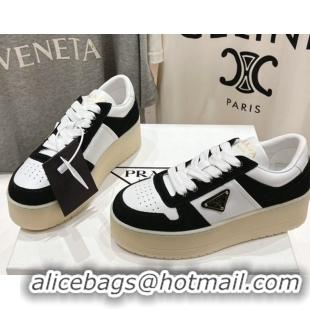 Big Discount Prada Downtown Bold Nappa Leather and Suede Sneakers White/Black 2025 1E792M