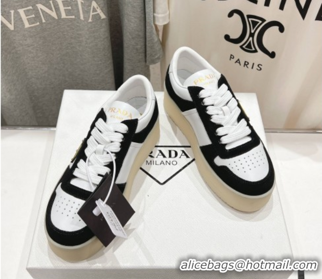 Big Discount Prada Downtown Bold Nappa Leather and Suede Sneakers White/Black 2025 1E792M