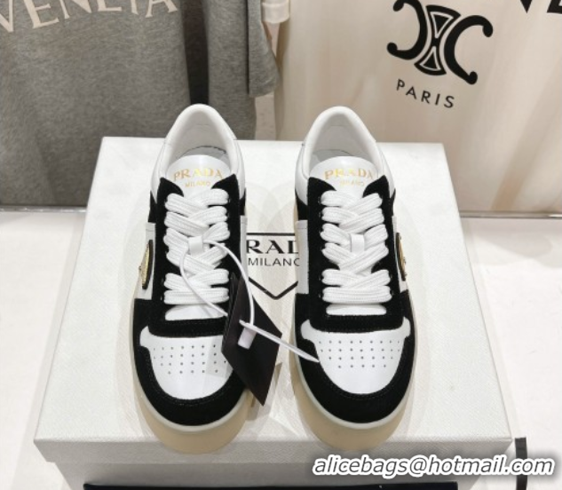 Big Discount Prada Downtown Bold Nappa Leather and Suede Sneakers White/Black 2025 1E792M