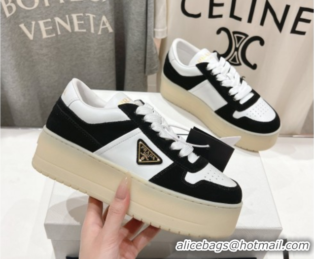 Big Discount Prada Downtown Bold Nappa Leather and Suede Sneakers White/Black 2025 1E792M
