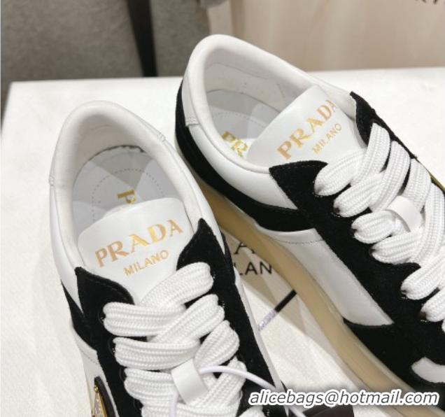 Big Discount Prada Downtown Bold Nappa Leather and Suede Sneakers White/Black 2025 1E792M