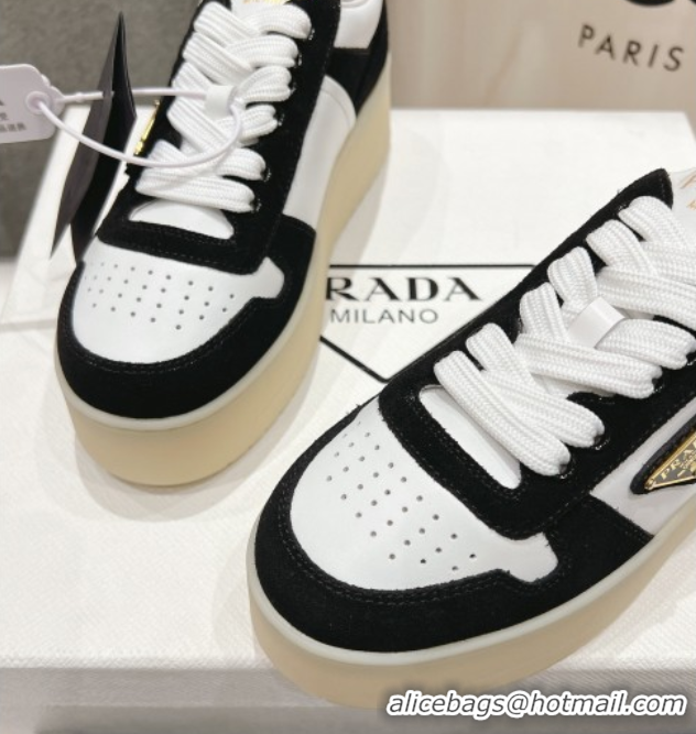 Big Discount Prada Downtown Bold Nappa Leather and Suede Sneakers White/Black 2025 1E792M