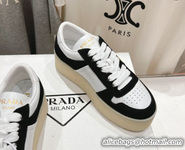 Big Discount Prada Downtown Bold Nappa Leather and Suede Sneakers White/Black 2025 1E792M