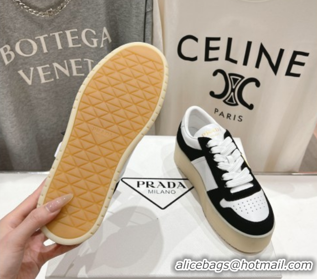 Big Discount Prada Downtown Bold Nappa Leather and Suede Sneakers White/Black 2025 1E792M
