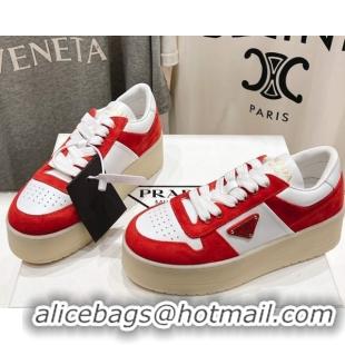Pretty Style Prada Downtown Bold Nappa Leather and Suede Sneakers White/Red 2025 1E792M