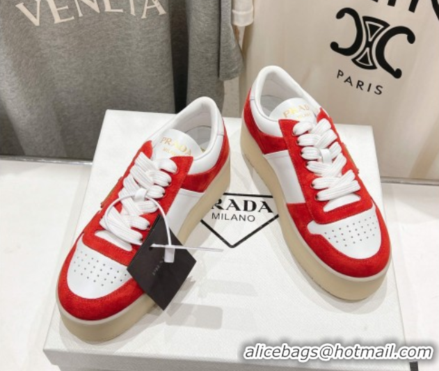 Pretty Style Prada Downtown Bold Nappa Leather and Suede Sneakers White/Red 2025 1E792M