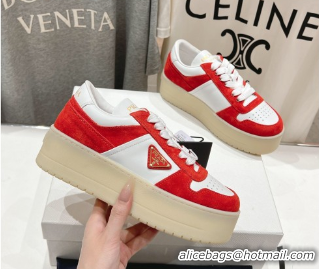 Pretty Style Prada Downtown Bold Nappa Leather and Suede Sneakers White/Red 2025 1E792M