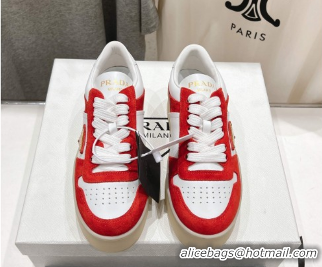 Pretty Style Prada Downtown Bold Nappa Leather and Suede Sneakers White/Red 2025 1E792M